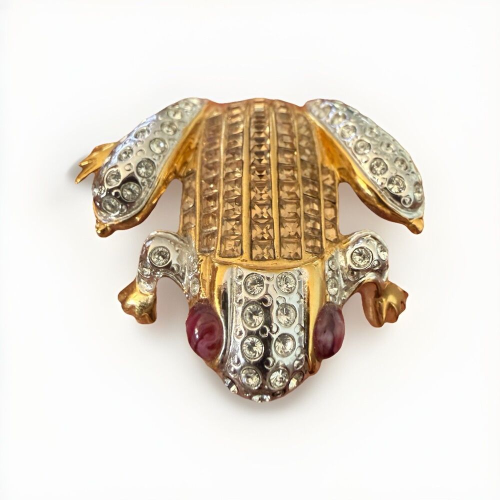 Vintage Two-Tone Frog Pin Brooch Pavé Rhinestone Red Cabochon Eyes Figural